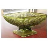 Avocado Green Glass Pedestal Serving Dish