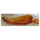 Amber Art Glass Cornucopia Leaf Dish
