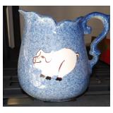 Blue Sponged Squat Pitcher with White Pig