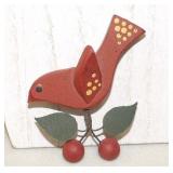 Red Bird on Cherry Branch Folk Art Brooch