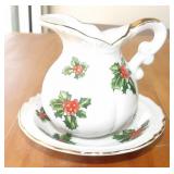 Lefton Christmas Holly Small Pitcher & Bowl