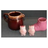 Pottery Lot - Pitcher, Baby Shoe, Owl Shakers