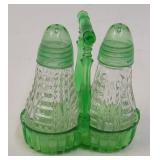 Small Clear Glass Shakers with Green Caps & Caddy