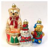 3 Glass Figural Ornaments - Bears, Snowman