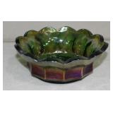 Green Carnival Glass Grape Pattern Candy Bowl