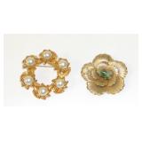 2 Gold-Tone Faux Pearl Brooches