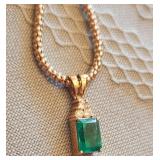 18K Gold Emerald & Diamond Pendant+ Chain