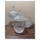 Crystal footed candy dish, candy jar, and bowl