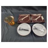 Amber Glass 4" candle holder, two vtg saucer and