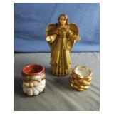 Angel figurine, Santa candle holder and pine cone