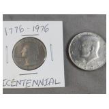 Bicentennial 1776-1976 quarter and a 1974 Kennedy