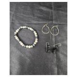 Beaded bracelet,  silvertone hoop earrings,