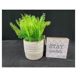 Faux greenery plant decor and stay awhile wood