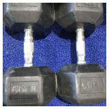 RUBBER HEXAGONAL DUMBBELLS, USED, 60 LB.,  X 2