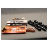 Assorted Gun Scopes, Gun Cleaning Kit, Shoulder St