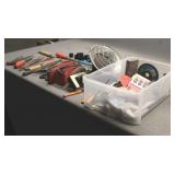 Tote of Assorted Sander Belts, Snips, Files, and