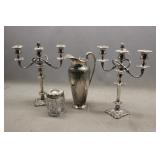 Silver Candelabras Set,  Pitcher, And Jar