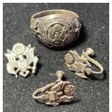 Sterling US Army Ring, sz 10 w/Earrings & Pin