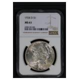 1934 D $1 NGC MS61 Peace Dollar Looks nice