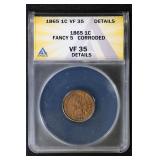 1865 Fancy 5 1C ANACS VF35 Indian Cent Details