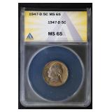 1947 D 5C ANACS MS65 Jefferson Nickel TONER Gem