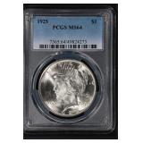 1925 $1 PCGS MS64 Peace Dollar BU NEAR GEM