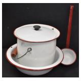 White Enamelware Pot/Lid, 12"Bowl, Ladle