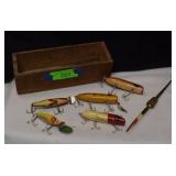 Vtg Fishing Lures in Old Wood American Cheese Box