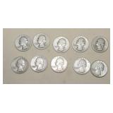 (10) Washington Silver Quarters  1942 to 1962D Mix