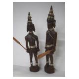 Two Hand Carved African Tribal Figures with Staffs