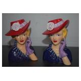 2- 1994 Red Hat Society Lady Head Vases