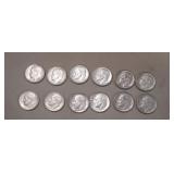 (12) Roosevelt Silver Dimes  1960D to 1964D Mix