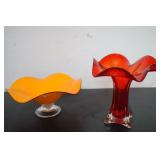 Hand Blown Orange Ruffle Art Glass Bowl & Amberina