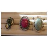 Three Rings w/ Green, Pink and Polished Stones