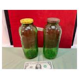 2 VINTAGE GREEN WATER JUGS WITH LIDS
