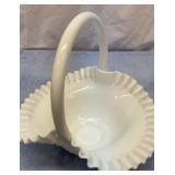 Milk glass hobnail crimped edge basket