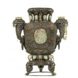 Mongolian Metal Jade Stone Elephant Handle Censer