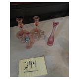Pink depression glass candle sticks, S&P and bud