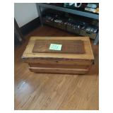 Wood chest full of sewing notions, 16" tall,