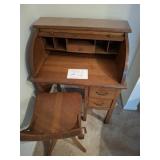 Antique roll top desk and wood chair, desk