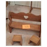 Wooden doll bench and 2 foot rests / side tables