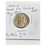 1937-D Buffalo 5 Cent Double Die Dates Very Rare