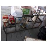 METAL RACK AND VINTAGE TIN CANS, MEATAL CAKE PLATE