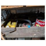 Wooden Toolbox with Miscellaneous Garage Items