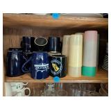 Set of Blue Mugs and Plastic Tumblers