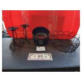 2 candle holders, 2 black Glass Bowls & Wire Bowl