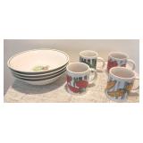 4 Vegetable Print Serving Bowls, 4 Mugs