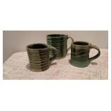 Trio of Green Glazed Pottery Mugs