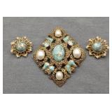 Vtg Sarah Coventry Turquoise Brooch 2.5" & Clip