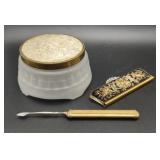 Vtg Powder Jar, Comb, & Cuticle Knife